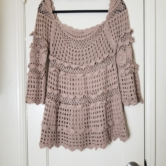 ANTHROPOLOGIE HAZEL beige crochet knit pull over 3/4 sleeve sweater top S - Picture 5 of 8